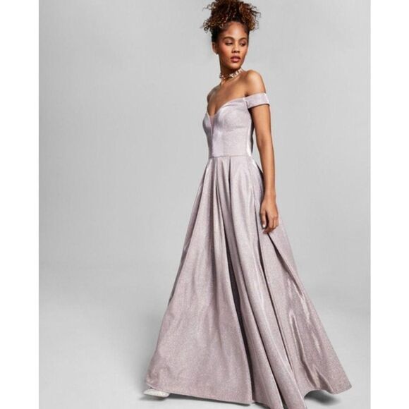 B. Darlin Rose Gold Shimmery Full Length Off-Shoulder Gown - Women's Size 7/8 - Picture 2 of 13